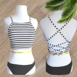 BLACK STRIPE HIGH NECK TWO PIECE SWIMSUIT